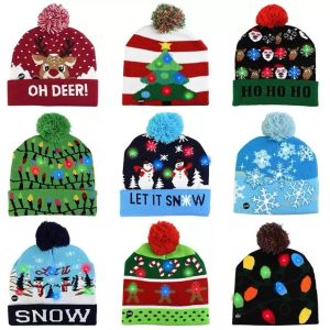 Suéter de chapéu de Natal com LED, gorro de malha, chapéu de malha iluminado, presente de Natal para crianças, decorações de Natal de ano novo FY3287 1024