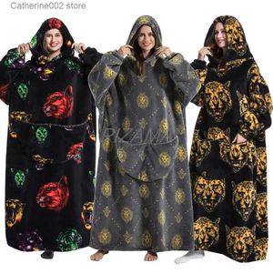 Salotto da donna Coperta oversize con cappuccio Kid Bambino Ragazzo Uomo Donna Felpe con cappuccio Tiger Lion Inverno caldo pile Sherpa Indossabile TV Coperta con maniche T231024