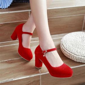 Dress Shoes Women Pumps Ankle Strap Red Bridal Wedding Party Platform High Heel Suede Ladies Black Office 32-43