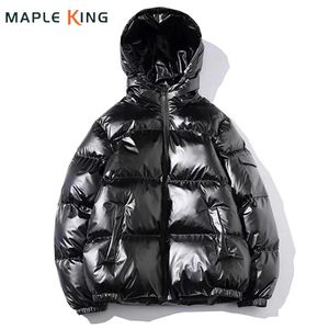 Men's Down Parkas Glossy Black Mens Coats and Jacket Harajuku Cotton Padded Hooded Bright Jaqueta Masculina Unisex Winter Clothes 231023