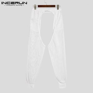 Calças masculinas homens malha transparente oco out cor sólida calças sexy 2023 streetwear férias pantalon S-5XLMen's Heat22