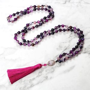 Hänge halsband vintage 108 mala pärlor halsband lila gröna blå agater sten handgjorda knutna tofs lång bohemiska buddhistsmycken