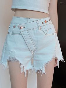 Kvinnors jeans kvinnors oregelbundna design kvinnor denim shorts hög midja sommaren y2k tassel kors ljusblå kvinna