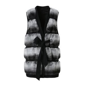 Lady Fashion Rex Rabbit Fur Gilet Women Fashion Winter Fur Vest Chinchilla Wool Belt