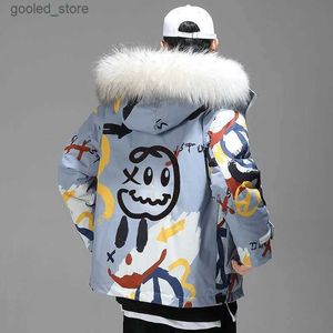 Męskie Parkas Hipster Hipster Winter Down Men Cartoon Little Devil Print z kapturem grube wiatrówki Zakryty harajuku wyściełany płaszcz kurtki OWARY Q231024