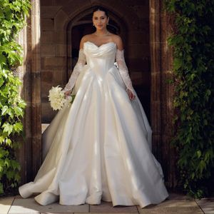 Плиссированные атласные свадебные платья трапециевидной формы принцессы с кружевными рукавами, свадебное платье размера плюс, свадебное платье