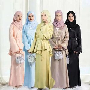 Etnik Giyim 2 Parça Müslüman Kadınlar Parlak Uzun Kollu Kimono Üst etek Setleri Dubai Abaya Türk Kaftan İslami Elbise Kemer Düz Renk