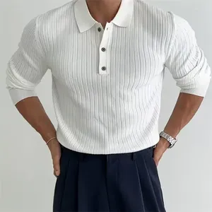 Мужские поло 2023, повседневная вязаная рубашка-поло с длинными рукавами, легкая роскошная однотонная футболка с текстурой и лацканами для отдыха, осенняя дышащая M-3XL