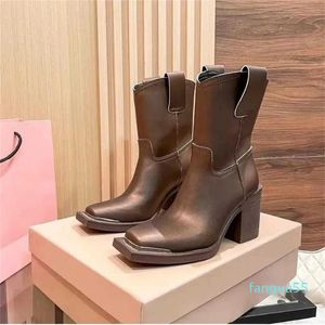 2023-boots womens Leather Black/white/brown outdoor Party square-toe boot lady sexy fashion