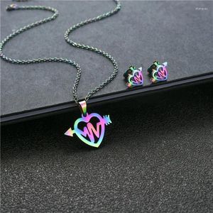 Pendant Necklaces Heart Heartbeat Necklace Stainless Steel Jewelry Set Colorful Arrow And Studs Earring Mothers Day Gift 2023