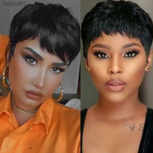 Syntetiska peruker Silkeslen Straight Pixie Cut Short Remy Wig With Bangs Brasilian Remy HD Lace Frontal Wigs Human Hair Wear Precut for Black Womenl231024