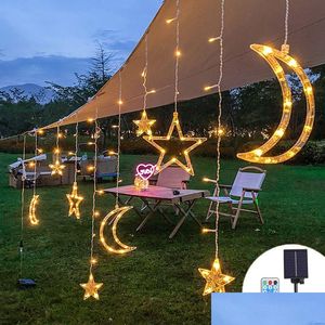 Stringhe a LED Tenda a corde di luce solare Luci a corda romantiche con telecomando Ghirlanda di stelle esterne Lampada lunare Bar Decorazione della casa P Dhhtl