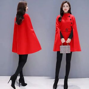 Mantella da donna QNPQYX Autunno Donna Scialle di stoffa di lana Mantella Poncho con cintura Cappotti da donna casual coreani di media lunghezza senza maniche 231023