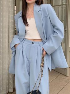 Frauen Zweiteilige Hosen Büro Dame Blau Blazer Anzüge Frauen Casual Lose Solide Jacken Breite Bein Lange 2 Stück set Weibliche Koreanische Mode