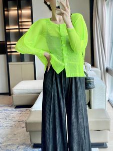 Damenblusen Miyake Plissee Spitze Gaze Shirt Frauen 2023 Sommer Mesh Fledermaus Ärmel Strickjacke Einreiher Mantel Korean Fashion Casual Top