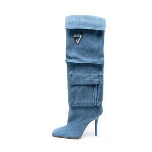 C Spring and Fall New Fine High Heel Square Head Retro Cowboy Pocket Tyg and Knee Boots Big Size Women Boots 1024239-111