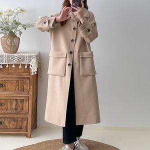 Зимний плащ оригинального дизайна, шерстяное двустороннее кашемировое пальто, женское пальто средней длины, больших размеров, высококачественное шерстяное свободное утолщенное шерстяное пальто