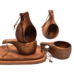 Muggar Finland Kuksa Portable Coffee Mug Acaciawood Handle Cowhide Rop Hook Juice Milk Cup Drinkware 231023