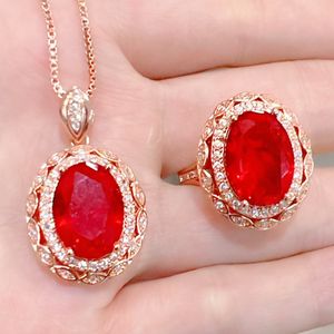 Luxury Wedding Ring Necklace Set Quality Copper Plated Rose Gold Zircon Rings And Necklace Women Jewelry Red Gemstone