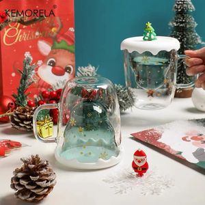 マグカップクリスマスツリーグラススターカップコーヒークリエイティブ3D透明ダブルアンチガーディングミルクジュースチルドレンギフト231024