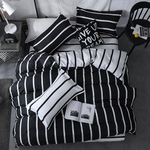 Sängkläder set set duvet täckning kudde säng sängkläder svart och vit randtryck quilt säng platt ark drottning storlek 231023