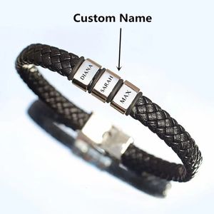 Bangle Personalized Genuine Leather Braided Rope Bracelets For Mens Custom Name 19 Names Beads Jewelry Gift With Box 231023