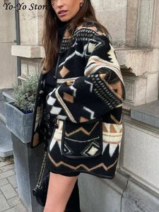 Women's Wool Blends Fashion Printed Loose Panelled Woolen Coat Women Long Sleeve Singel Breasted Pocket Lady Coats Geometric Retro Female Cardigan 231023