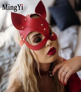 Bdsm sexy maschera di gatto in pelle nera rossa per Halloween Cospaly Party adulto Catwoman Fetish carino Ribbit orecchie da coniglio maschera costume puntelli 26294642
