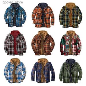 Jaqueta masculina de flanela masculina com capuz removível xadrez acolchoada forrada ao ar livre casacos de inverno grosso com capuz outwear camisas de lã masculinas Q231024