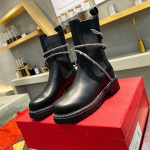 Cleo Black Crystal Boots Rene Caovilla Женские кожаные ботинки на щиколотке Мотоциклетные змеиные стразы с запахом Коренастые полусапожки женские кожаные с низким каблуком HeeaA1I #