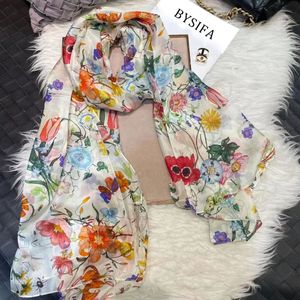 Sarongs White100% Silk Scarf Women Scarves Bufandas Summer Beach Shawls Foulard Fall Winter Brand Flower Design Long Neck Scarves Hijabs 231023