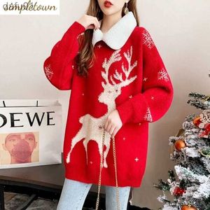 Kvinnors tröjor 2023 Autumn/Winter Korean Edition New Thicked Christmas Red Sweater Fashion Design Style Women's KnitWearl231024