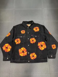 Män design denim jacka orange krans denim klassisk lapel tvättade mäns cowboy kappa jean knappficka ytterkläder man jacka jacka