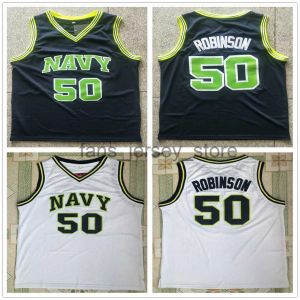 Costurado NCAA Mens Vintage Basquete Jerseys USNA College David 50 Robinson Jersey The Admiral Naval Academy Marinha Midshipmen Azul Branco Shi