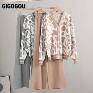 Calças femininas de duas peças Gigogou Leopard Knit Mulheres Cardigan Camisola Tracksuits Moda Agitando Perna Larga Ternos Único Peito Mulher Cardigans