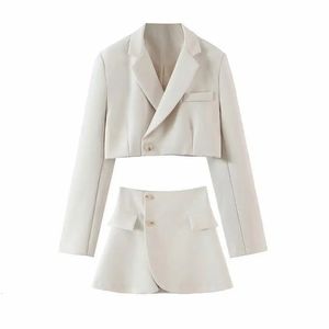 Garnitury damskie Blazery jednorazowe swobodne garnitury dwuczęściowe mody asymetryczne z długim rękawem kurtka marynarska jesienna biała garnitur Blazer Set 231024