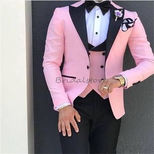 Pink With Black Wedding Tuxedos Slim Three Pieces Vest Pant Coat Notched Lapel Men Blazers Waistcoat Fitted Groom Men Costume Homme Fit Man Prom Party Wear 2024