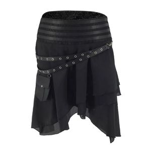 Skirts Black Silk Leather Pocket Belt Asymmetrical Victorian Skirts Womens Steampunk Clothing Medieval Cosplay Vintage Gothic Skirt 231023