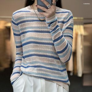 Women's Sweaters Women's Cotton Linen Soft Sweater O-neck Color Strip Pullover Spring Autumn Hollow Out Casual Knit Fashion Top