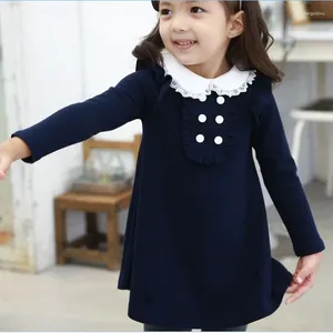 Платья для девочек, весенне-осенняя хлопковая корейская одежда, повседневное мини-платье с кукольным воротником и длинными рукавами, детская одежда, футболка