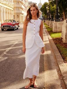 Zweiteiliges Kleid Clacive Sommer schlankes weißes Baumwoll-Set Damen-Outfit 2023 elegante ärmellose Tops mit hoher Taille lange Röcke Sets weiblich 231023