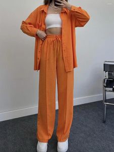 Calças femininas de duas peças Zoctuo Casual Laranja Outfit Mulheres Outono Chic Manga Longa Lapela Collar Camisa e Perna Larga Feminino Tracksuit