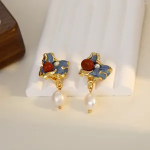 Dangle Earrings 2023 S925 Silver Ear Needle Stud Natural Pearl With Colour Enamel Brass 18kGold Filled Korea Jewelry For Women2023