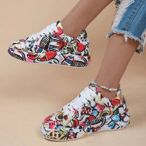 Boot S Casual Sneakers 2023 Modemålade graffiti Lace Up Sports Shoes for Women Flat Pu Leather Ladies Running 231024