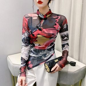 Kvinnors blusar blusa mujer de moda 2023 Verano elegantes mesh tryck skiv spänne bindande pärlor mode oregelbundna smala topp 392c