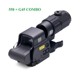 Tactical G45 5X Magnifier with 558 Red Green Dot Scope Combo Holographic Hybrid Sight G45 Switch to Side STS Quick Detachable QD Mount for Hunting Rifle Airsoft