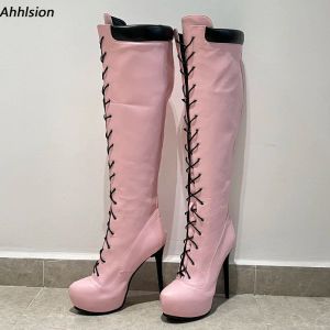 New Women Handmade Winter Over Knee Boots Lace Up Sexy Stiletto Heels Round Toe Pretty Pink Party Shoes Ladies US Size 5-20