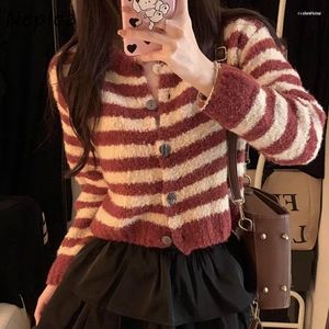 Kvinnors stickor Kvinnor Neploe Korean Fashion Red Striped Cardigans Autumn Long Sleeve Sweaters For Women Y2K Single Breasted Sticked