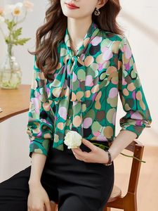 Kvinnors blusar Zjyt Autumn Chiffon -skjortor och för kvinnor Blusa Mujer Moda 2023 Korean Style Bow Collar Print Comisas Tops