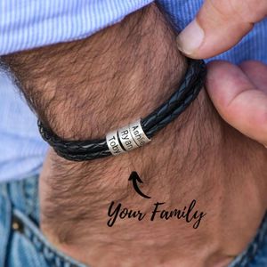 Bangle Personalized Custom Engrave Family Name Stainless Steel Bead Charms Bracelet Genuine Leather Magnet Clasp Man Jewelry 231023